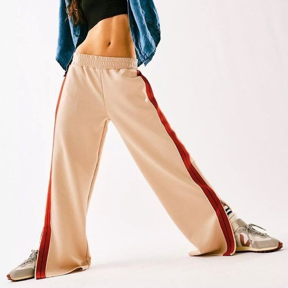 Free People Sophie Wide Leg Track Pants Tan Red Stripe Size M - Picture 2 of 5